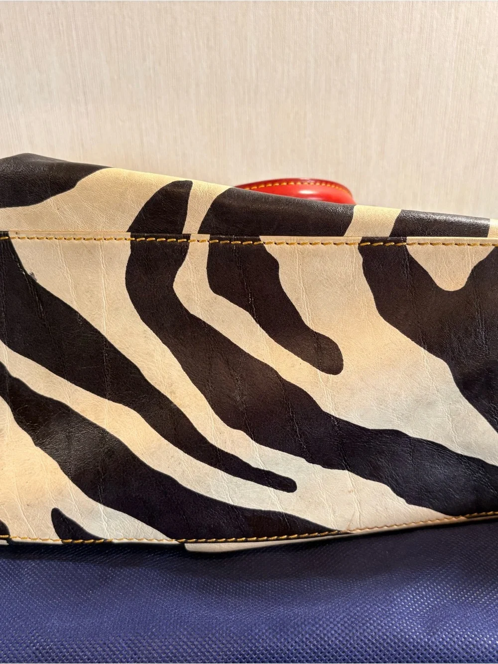 Dooney & Bourke Black and Cream Zebra Satchel with Red Trim
